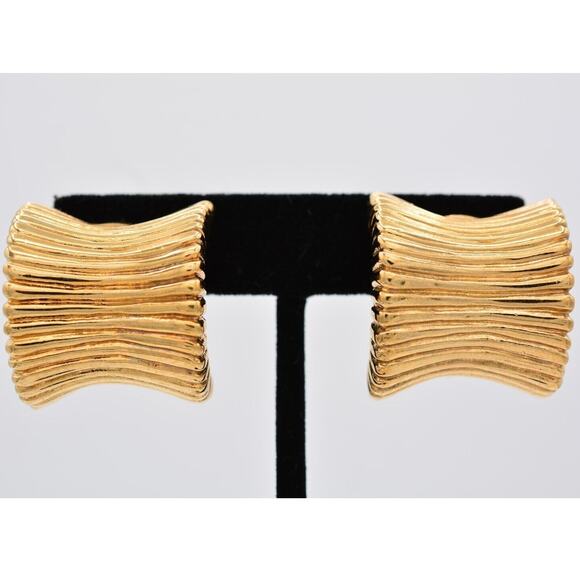 Givenchy Vintage Clip On Earrings Hoops Ribbed Gold Chunky Dangle Signed BinAY - Picture 1 of 12